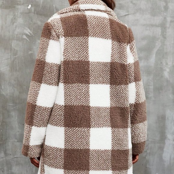 Brown Preppy Womens Buffalo Plaid Pattern Lapel Neck Teddy Coat - Picture 2 of 6